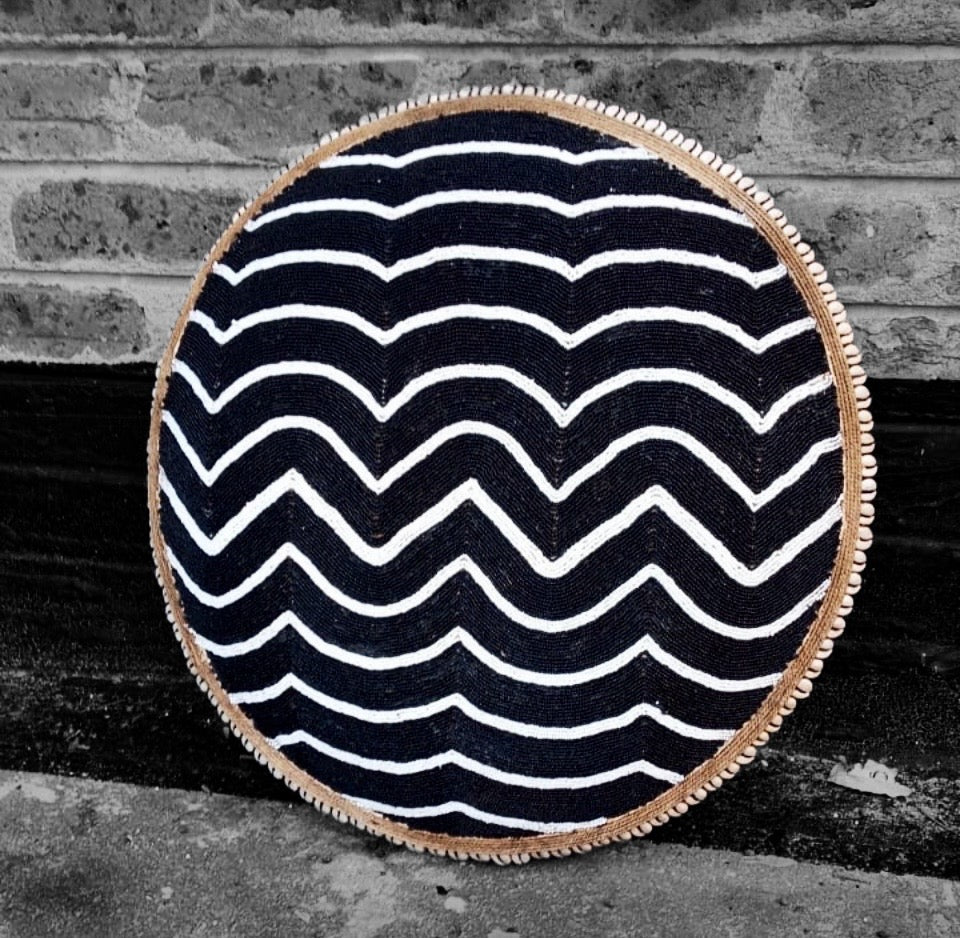 African Beaded Shield - &quot;Wave&quot; Black/White - eyahomeliving