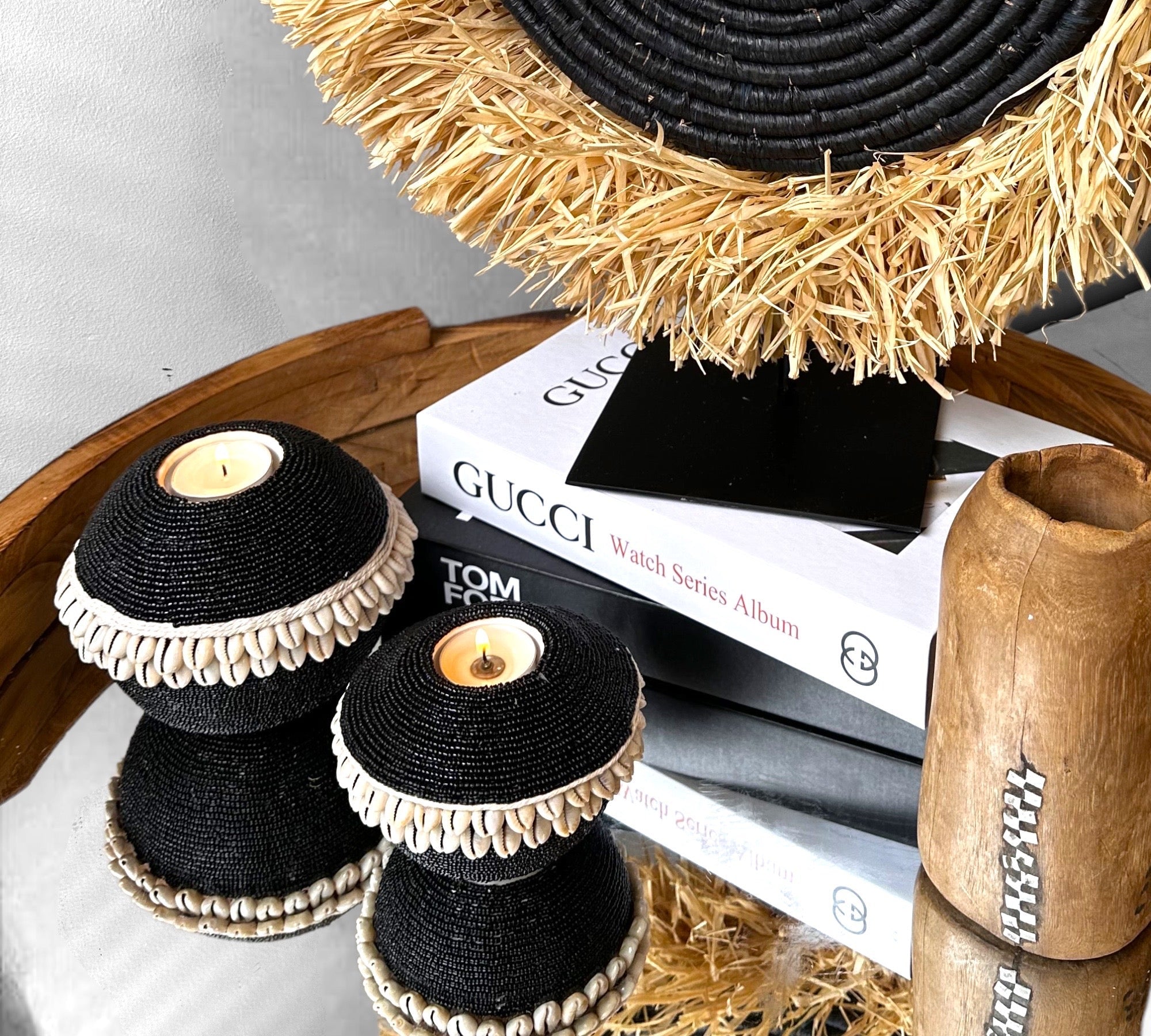 NEW -  SHELL / Beaded Tea Lights - Black - eyahomeliving