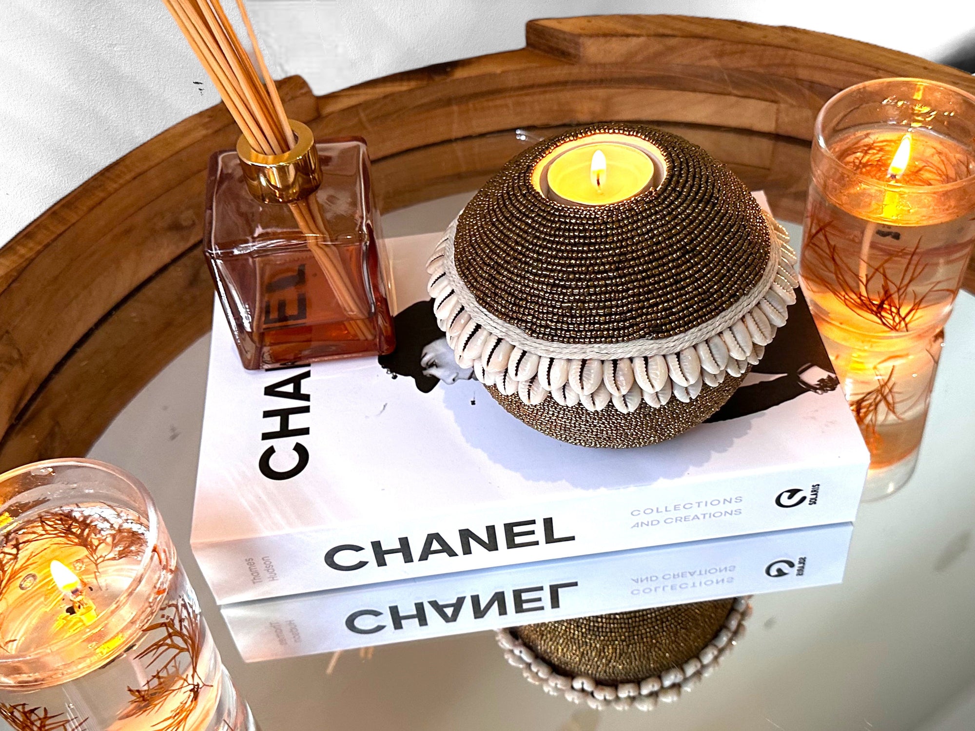 NEW - SHELL / Beaded Tea Lights - White/Copper - eyahomeliving