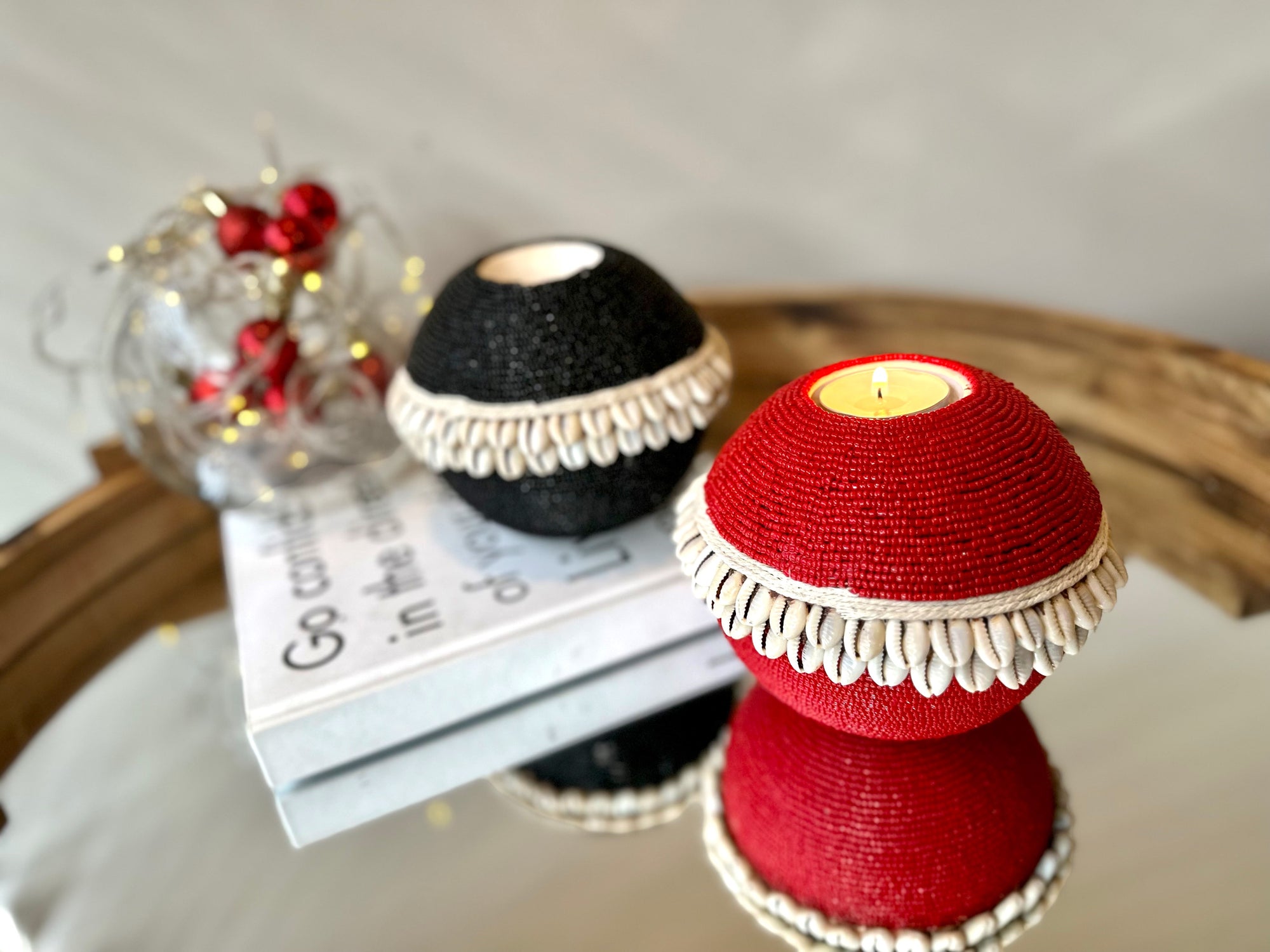 Beaded/Shell Tea Lights - RED - eyahomeliving