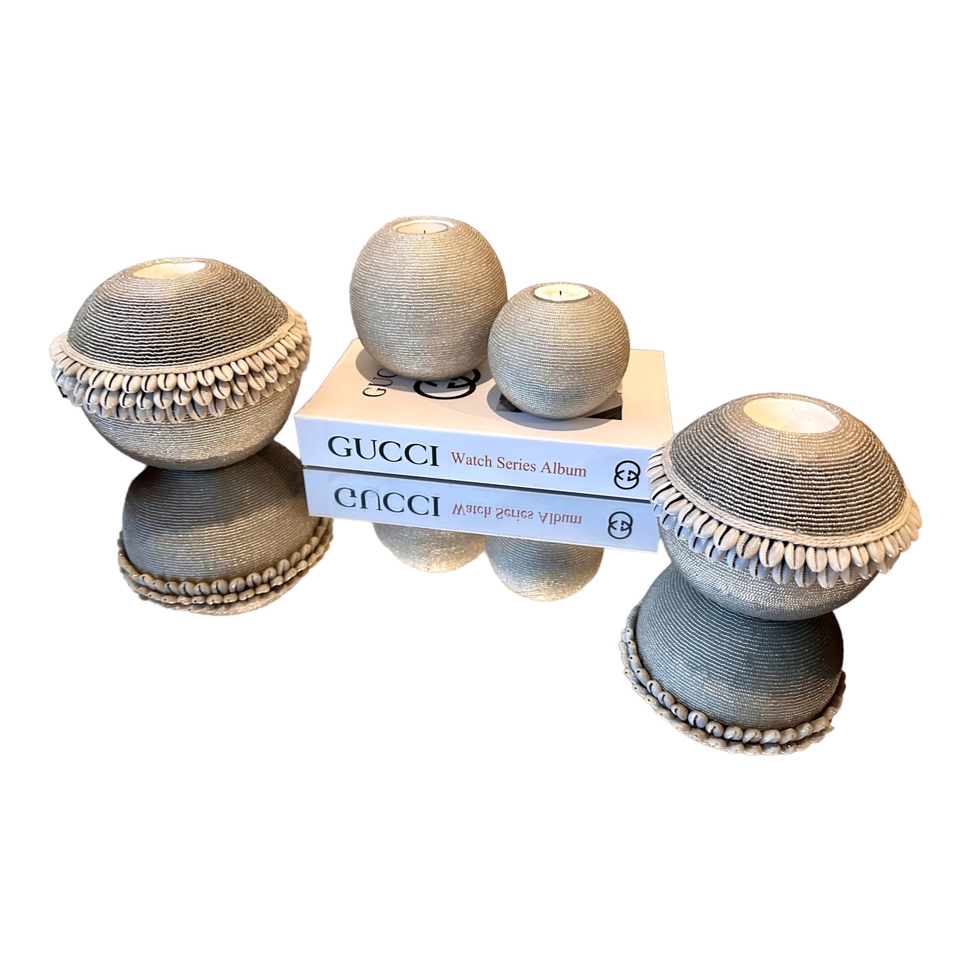 NEW - SHELL / Beaded Tea Lights - SILVER - eyahomeliving