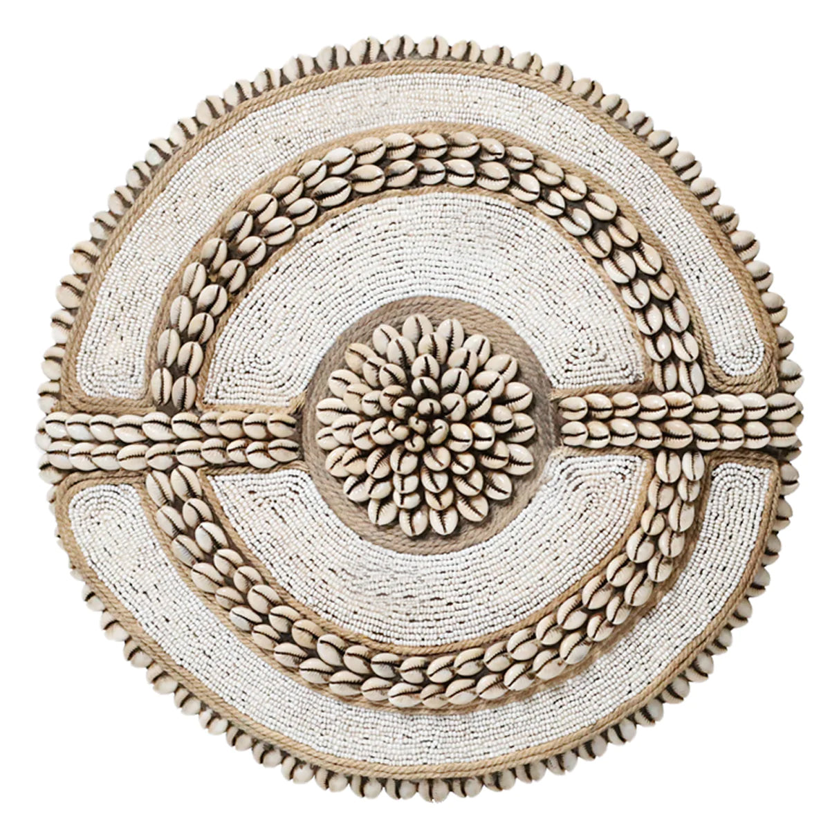 African Beaded Shield - Cowrie Shell - White - eyahomeliving