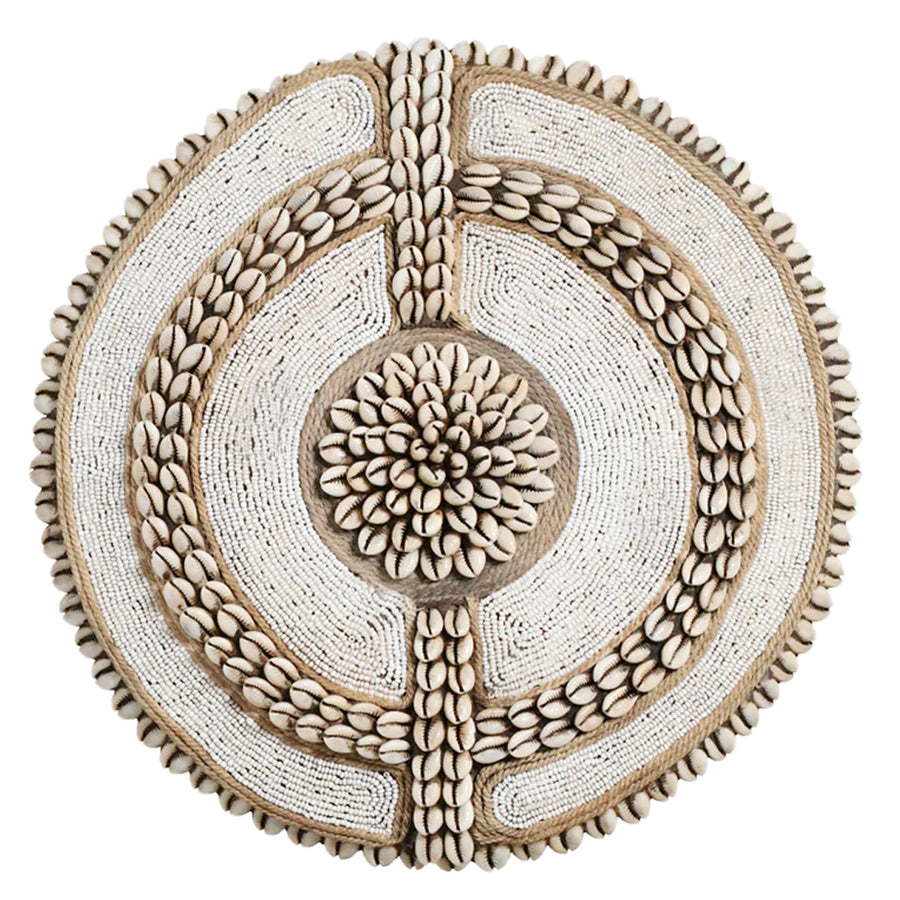 African Beaded Shield - Cowrie Shell - White - eyahomeliving
